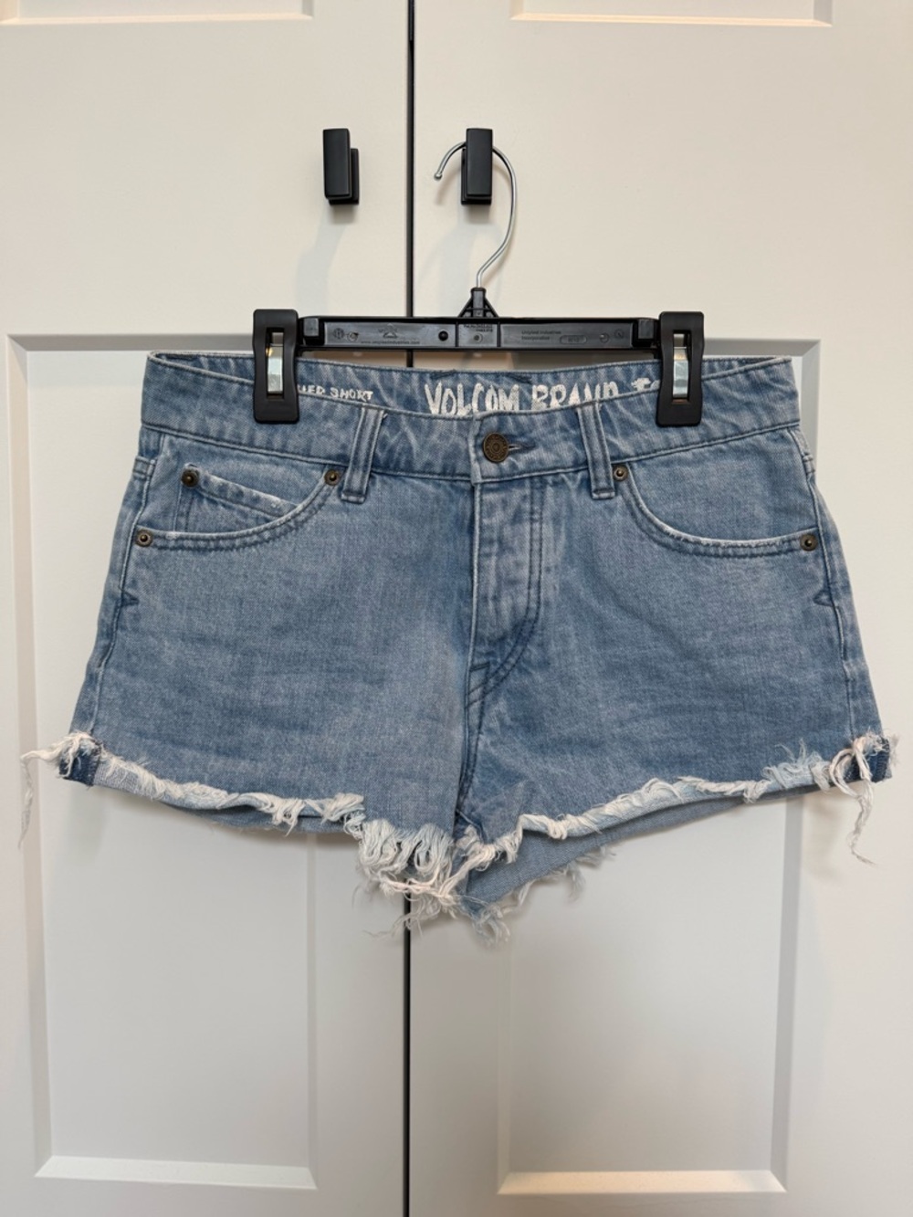 Volcom Light Blue Frayed Hem Denim Shorts low rise